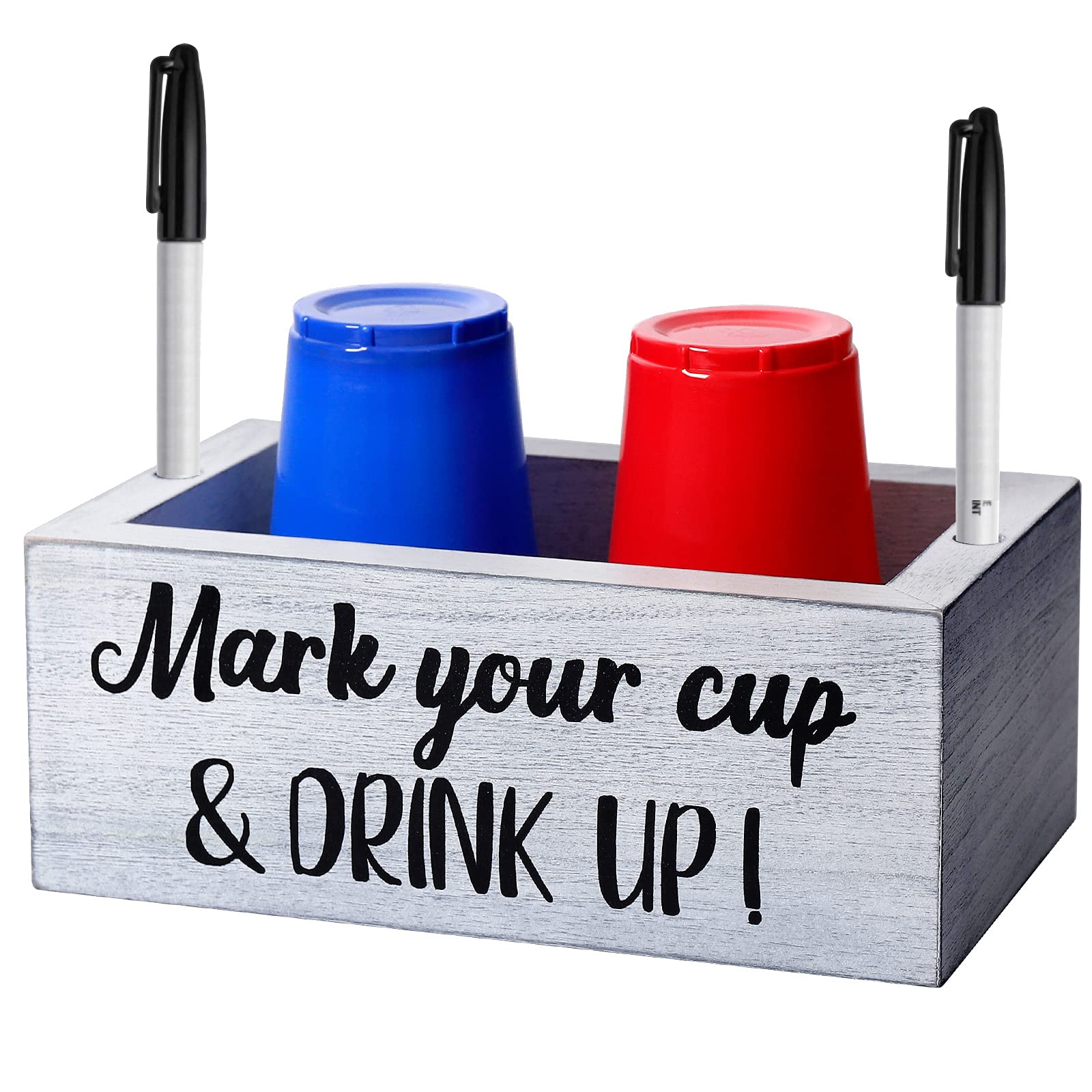Double Disposable Cup Holder with Marker Slot Mark Your Cup and Drink Up Drink Dispenser Wood Utensil Dispenser Farmhouse Rustic Kitchen Bar Halloween Party Wedding Decor,Hostess Gifts