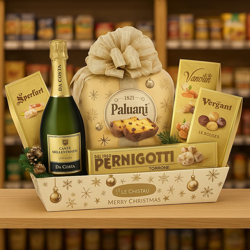 Cesto Natalizio Vassoio Merry Christmas con Dolci Tipici, Cioccolato, Torrone e Spumante Dolce, Confezione Regalo Elegante e Raffinata per Natale, Idea Regalo Gourmet per Famiglie o Aziende