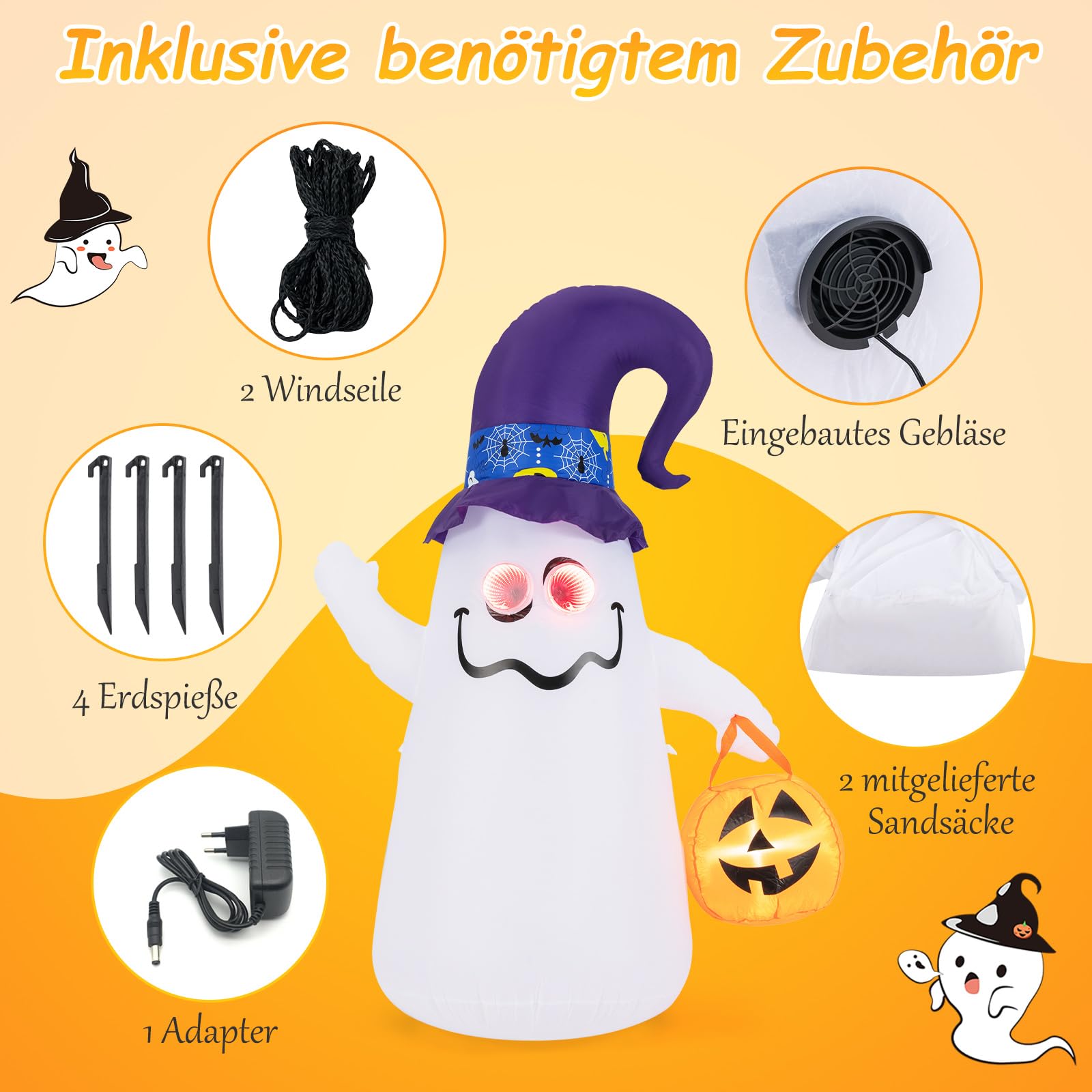COSTWAY 180CM Halloween Deko Outdoor, LED Aufblasbarer Halloween-Geist mit Kürbis, Schreckliche Dekogeist für Hausgarten Rasen Garten Party, selbstaufblasend
