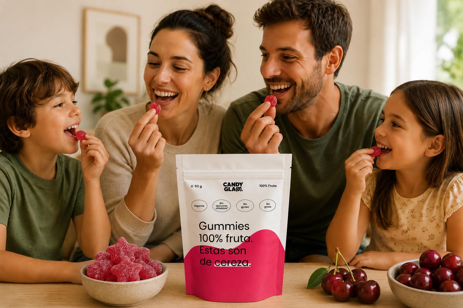 Candy Glam Pack Mixto de Gummies 14 Bolsas 7 Cereza + 7 Fresa Veganas Sin Gluten Sin Azúcares Añadidos Snacks de Fruta Sabores Surtidos
