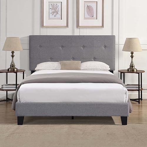 Miniatura 10 de Base de cama tapizada de tamaño Queen con cabecera copetuda de tela, soporte de listones de madera fuerte, base de colchón, no necesita somier, para