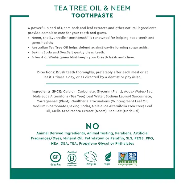 Desert Essence Tea Tree Oil and Neem Toothpaste, Wintergreen, 3 Pack | Three 6.25 oz tubes with baking soda and sea salt; fluoride-free, SLS-free, vegan and gluten-free 4