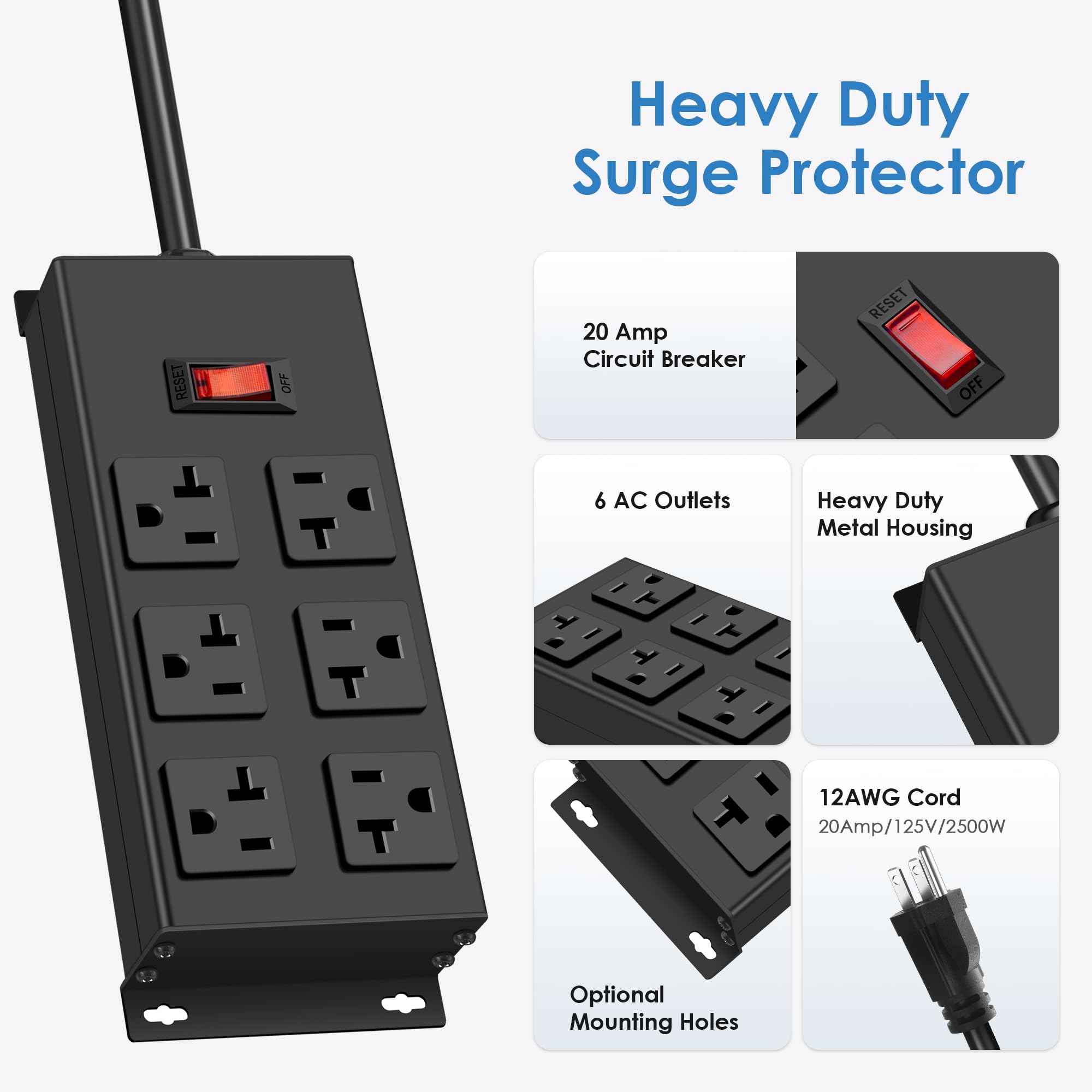 JUNNUJ - Regleta de alimentación resistente de 20 amperios, 6 salidas de metal, calibre 12, protector de sobretensiones de 3000J, adaptador de amplificador alto 5-15P Shop 6-20R con ranura en T