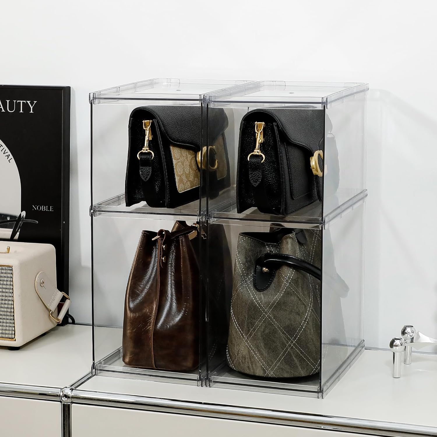 4 Pack Stackable Closet Organizers and Storage Shelves for Small Purses, Handbags, Clear Display Rack for Bathroom, Bedroom and Living Room, Plastic High Heels Holder (Short/Tall)