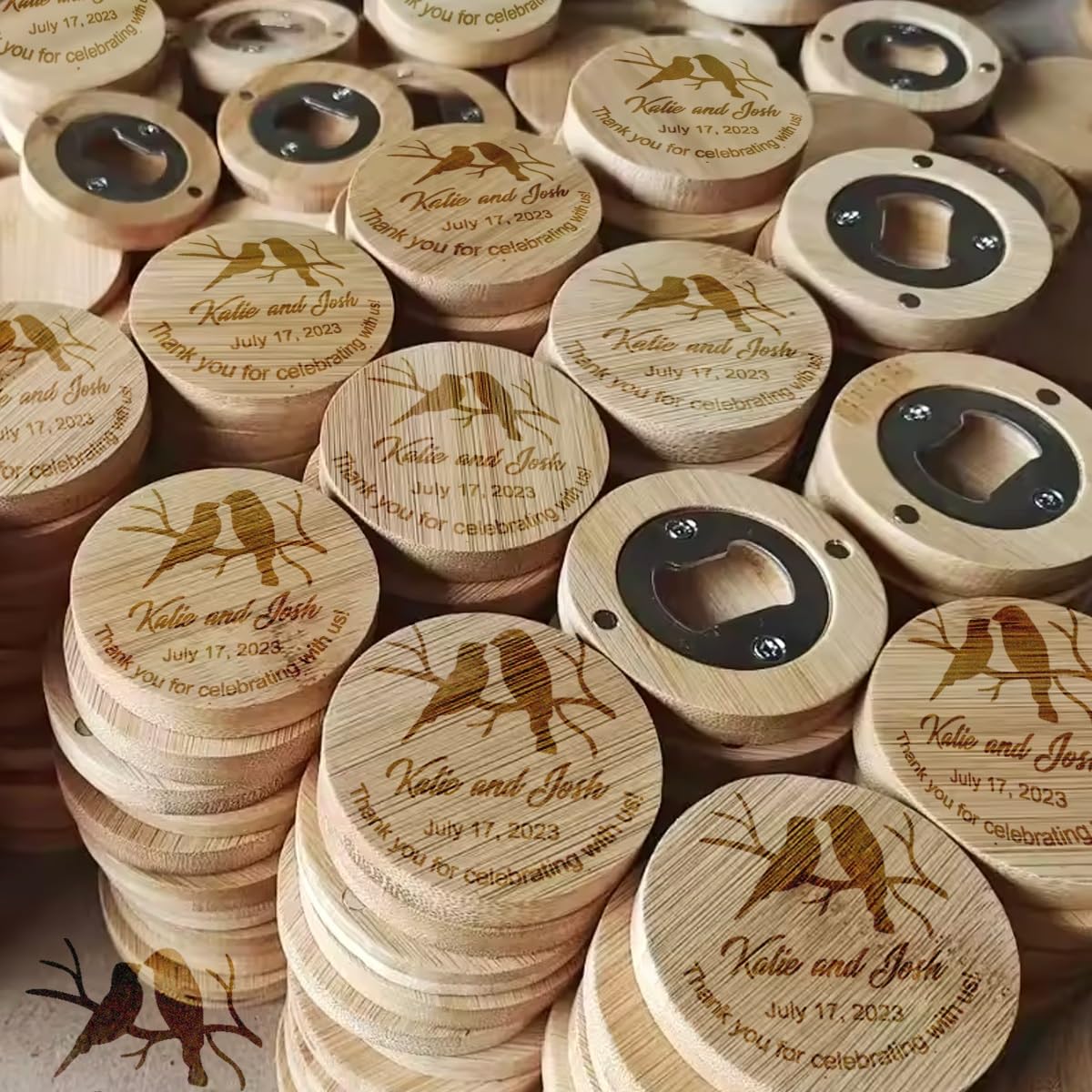 Abrebotellas De Madera Personalizado Con Imán, Abrebotellas Rústico Redondo Grabado Personalizado For Padrinos De Boda, Con Fecha, Nombre Y Ubicación Grabados, For Bodas, Comuniones(40pcs)