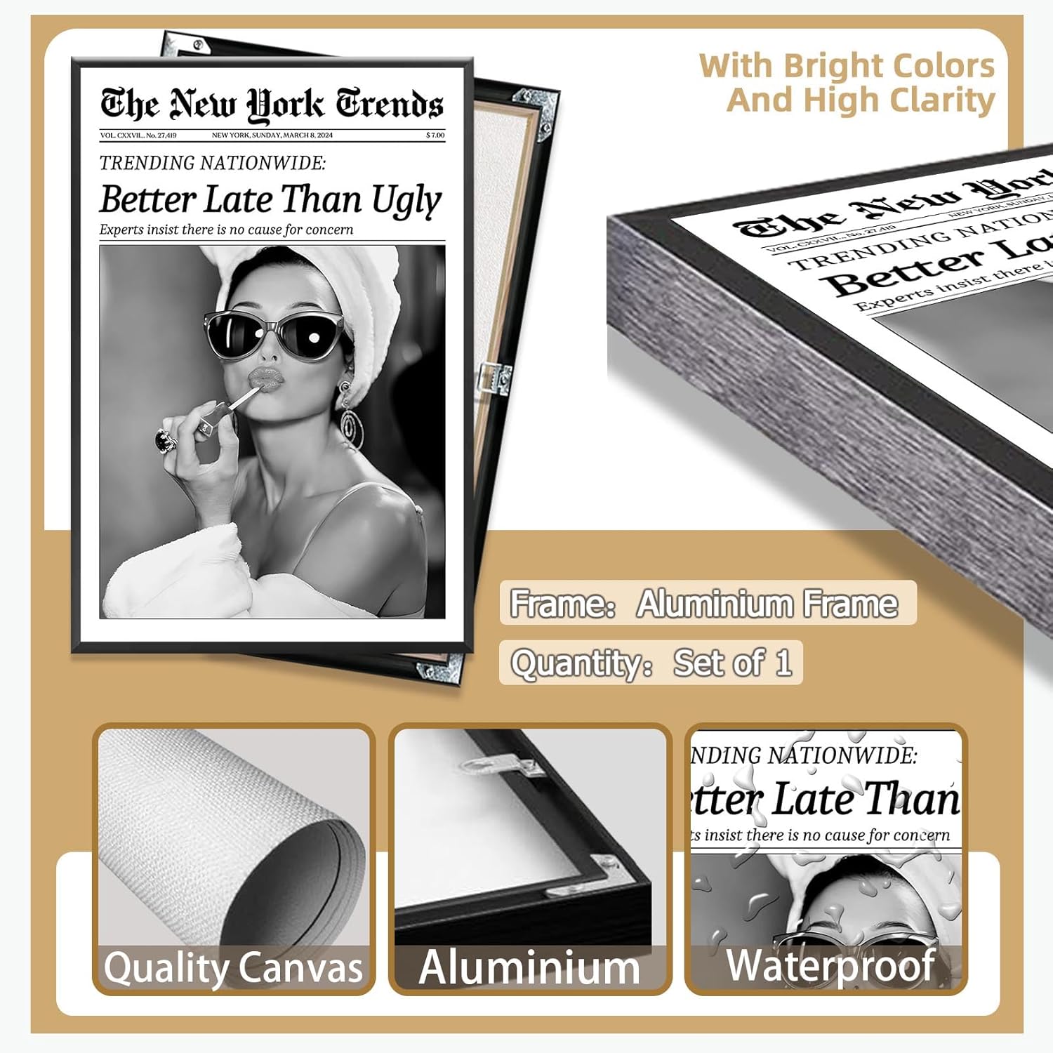 Beshdomp Vintage Better Late Than Ugly Newspaper Posters Black And White Canvas Wall Art Magazine Headline Preppy Prints Painting For Bathroom Home Bedroom Dorm Wall Decor 24x36in Framed