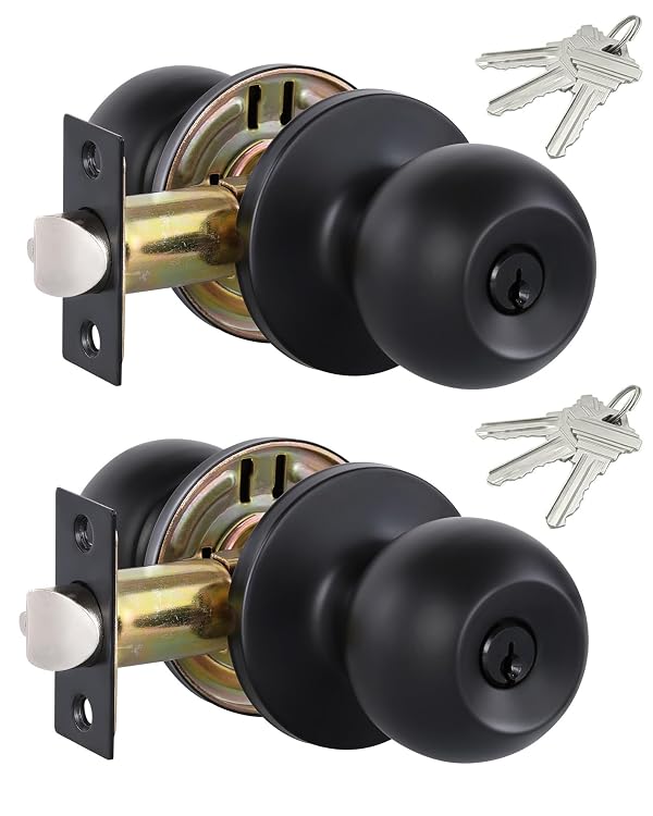 Lanwandeng 2 Pack Entry Door Knobs with Lock and Keys All Alike, Interior/Exterior Door Knob for Bedroom or Bathroom, Entrance Matte Black Door Locks by Lanwandeng - Used condition - US$16.54