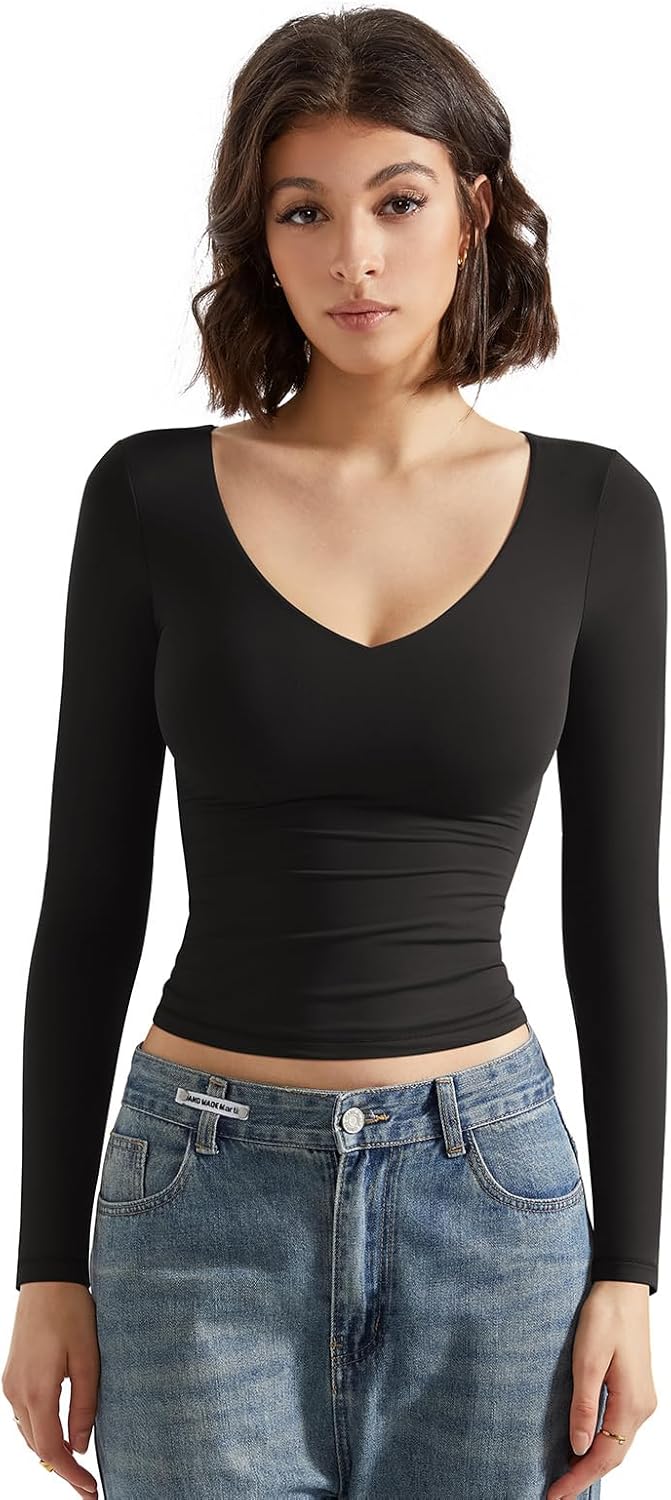 SUUKSESS Women Double Lined Casual V Neck Crop Tank Tops Basic Long Sleeve Shirts - Image 7