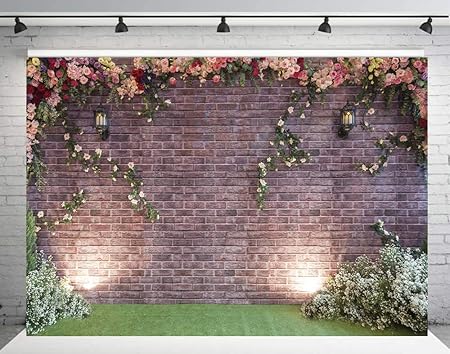 INRUI Spring Flowers Brick Wall Photography Background Garden Floral Wedding Ceremony Bridal Baby Shower Birthday Party Decor Backdrop (7x5FT)