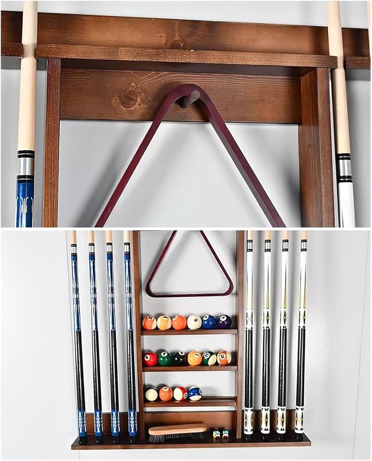 Pool Stick Holder Holds 8 Pool Cue Sticks Pool Cue Rack,Solid Wood Billiards Accessories for Billiard Room Club Bar(Brown)