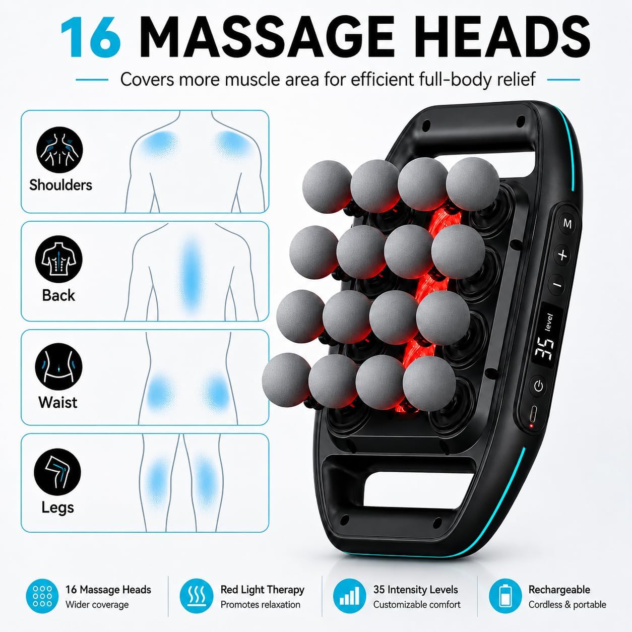 HEYCHY 16 Head Massage Gun with 5mm Amplitude, 35 Levels, 4 Modes, Black