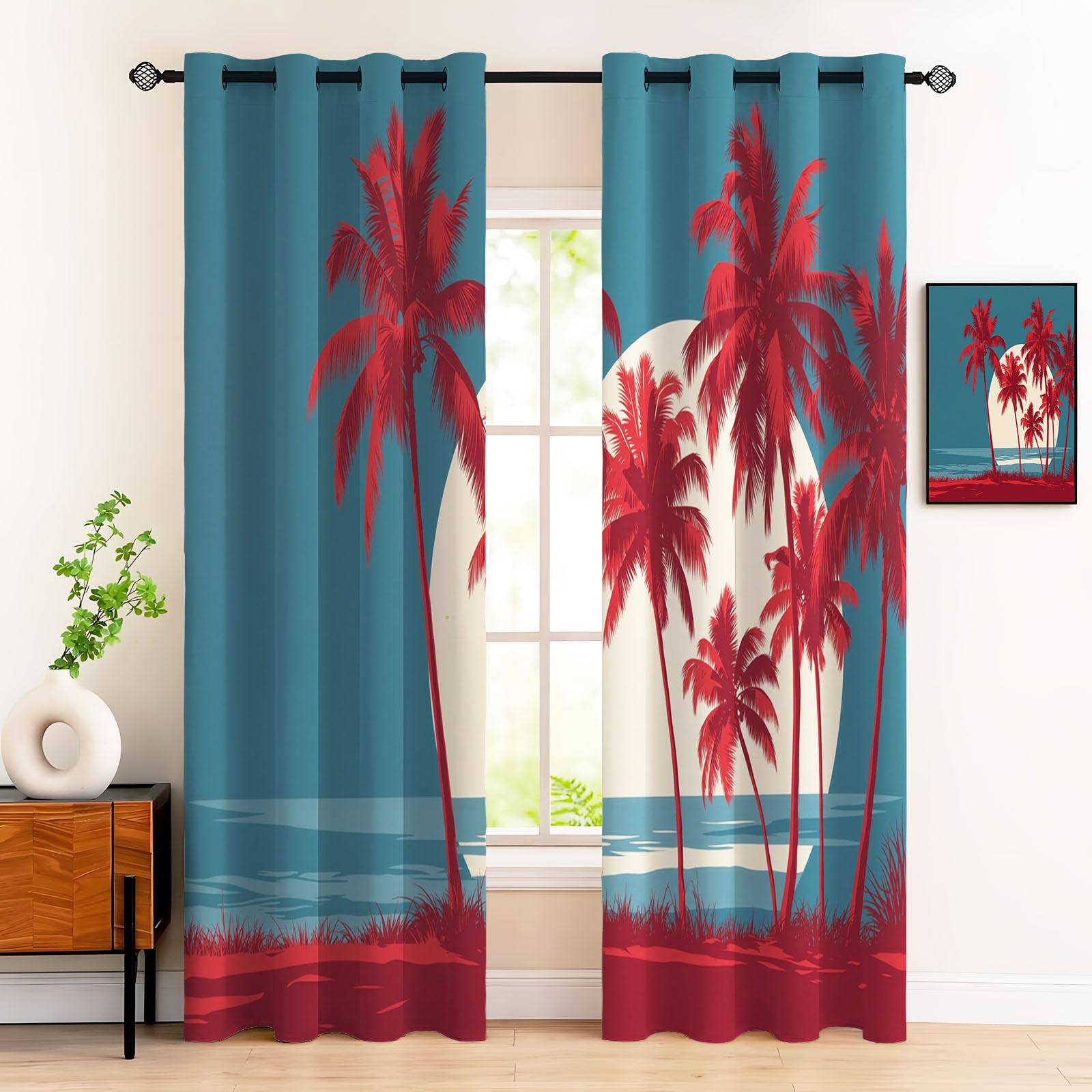 Rideau occultant thermiques 140x260 cm lot de 2 imprimé palmiers rouges