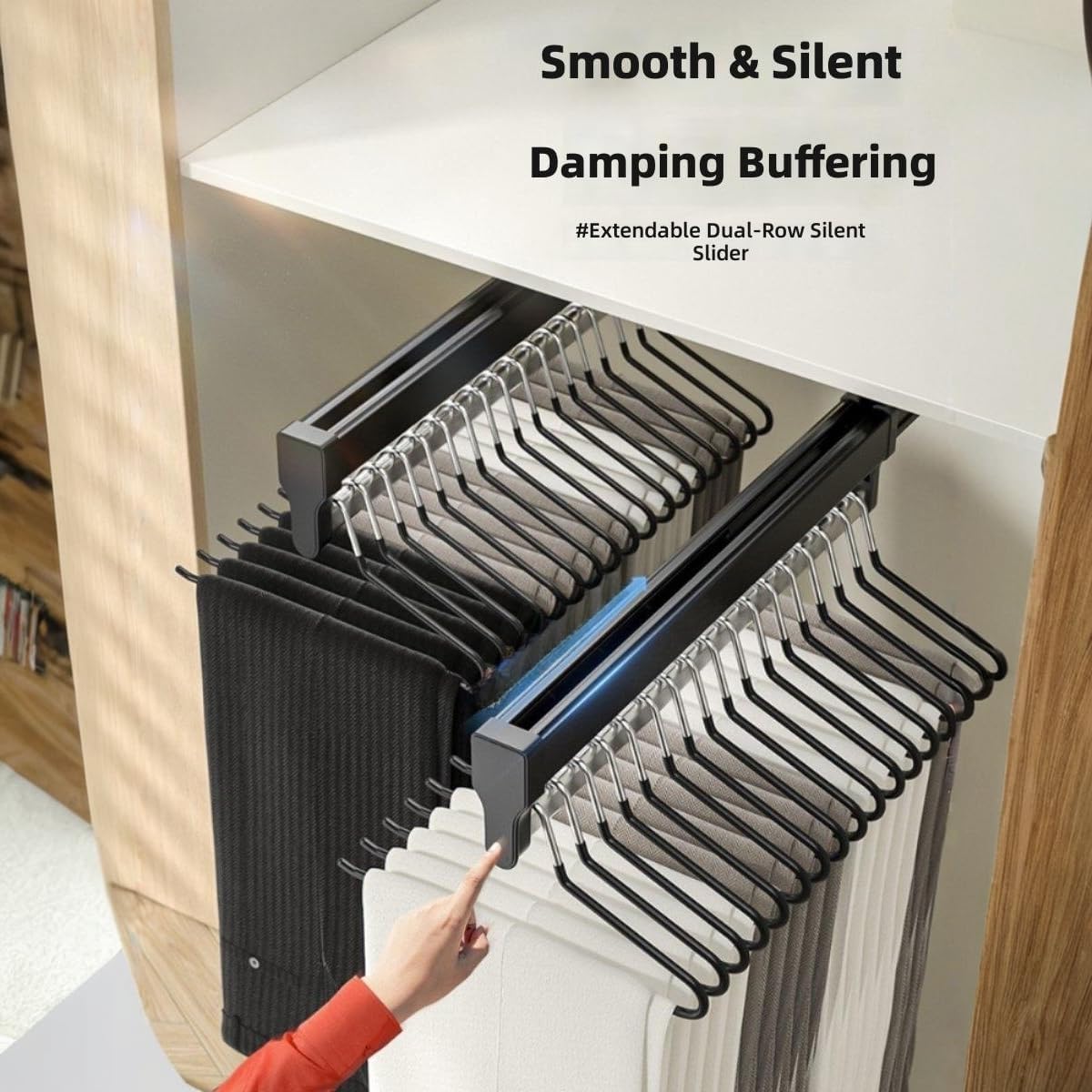 Heavy Duty Aluminum Alloy Pull Out Pants Rack, Space Saving Closet Organizer, Rust Resistant Trouser Hanger with Smooth Gliding & Anti-Slip Design, Easy Installation for ，Starry Black L: 30cm