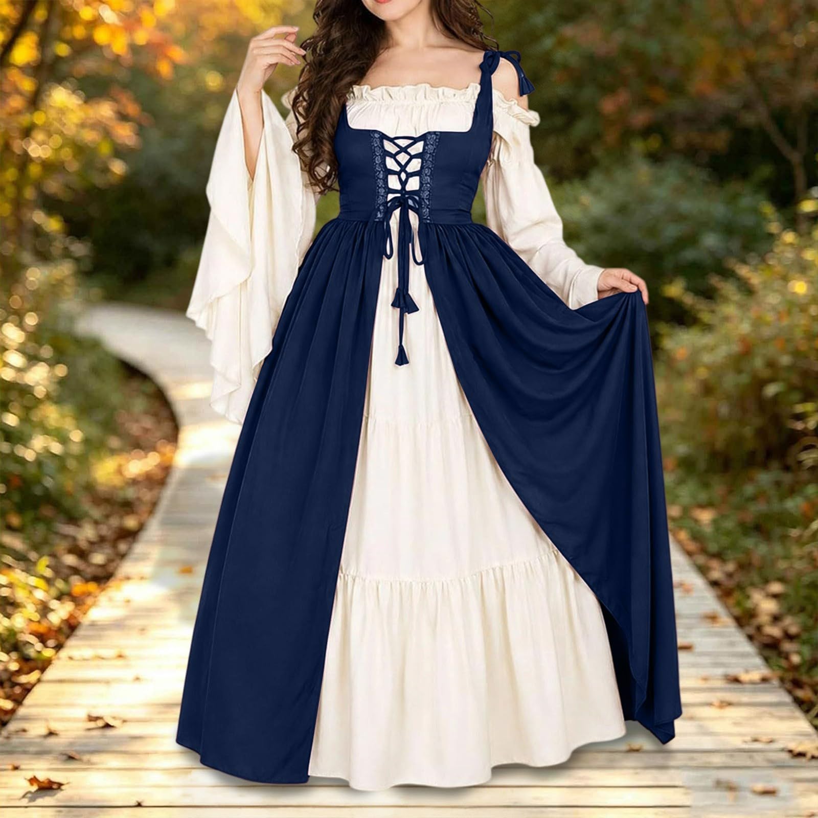 Vestito Donna Medievale Corpetto Lacci Maniche Ampie Gonna Lunga