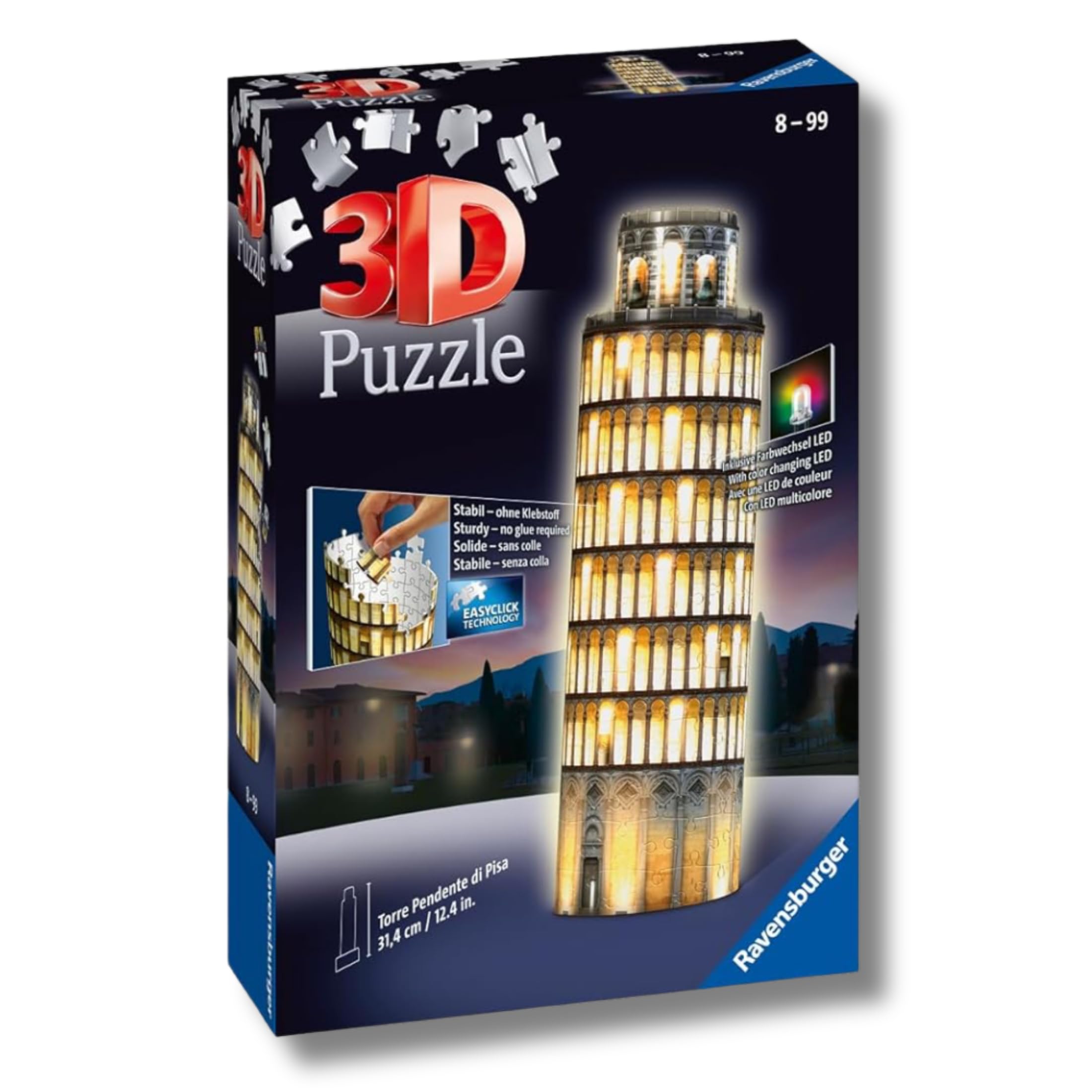 Ravensburger - Puzzle 3D Torre Di Pisa Notturna LED, 221 Pezzi