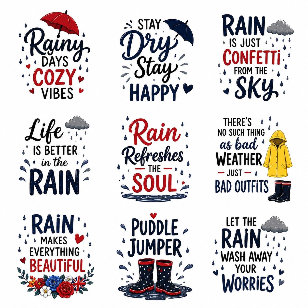 UV DTF Cup Wrap Transfer Stickers, Rain Theme, Waterproof Decals, 2.5x2.5 Inch, for Mugs, Water Bottles, Laptops, Pack of 9