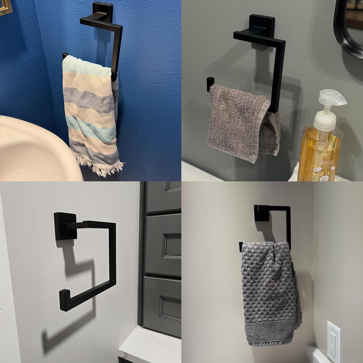 Matte Black Square Towel Ring, Multifunctional Toilet Paper and Hand Towel Holder for Bathroom Wall Mount, Stainless Steel Heavy Duty Towel Hanger for Shower, Kitchen, Toilet