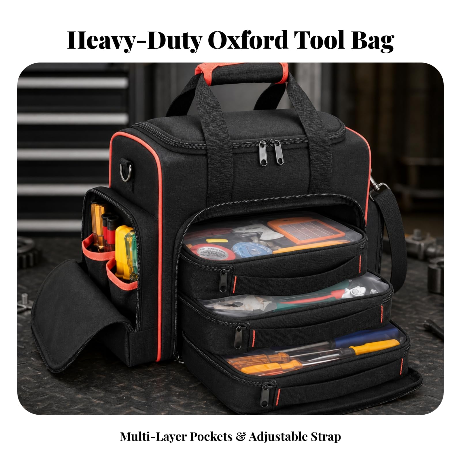 Bolsa Herramientas Tela Oxford con Múltiples Compartimentos Multibolsillos para Técnicos Móviles, Mantenimiento l Hogar