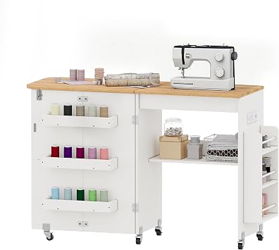 Folding Sewing Table with Storage,Portable Sewing Table with Charging Station/Shelves,Lockable Casters,Sewing Machine Desk for Home Apartment,Studio White