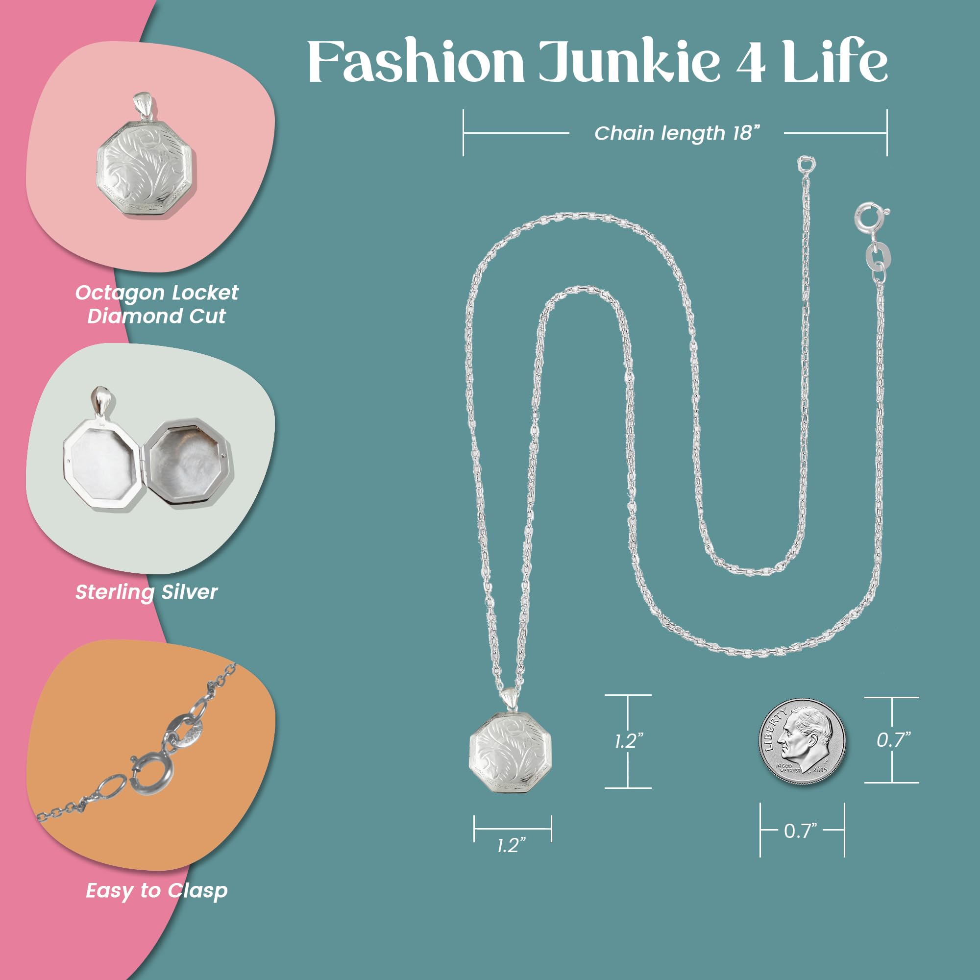 'FashionJunkie4Life Sterling Silver Locket Necklaces for Women, 18'' Cable Chain'