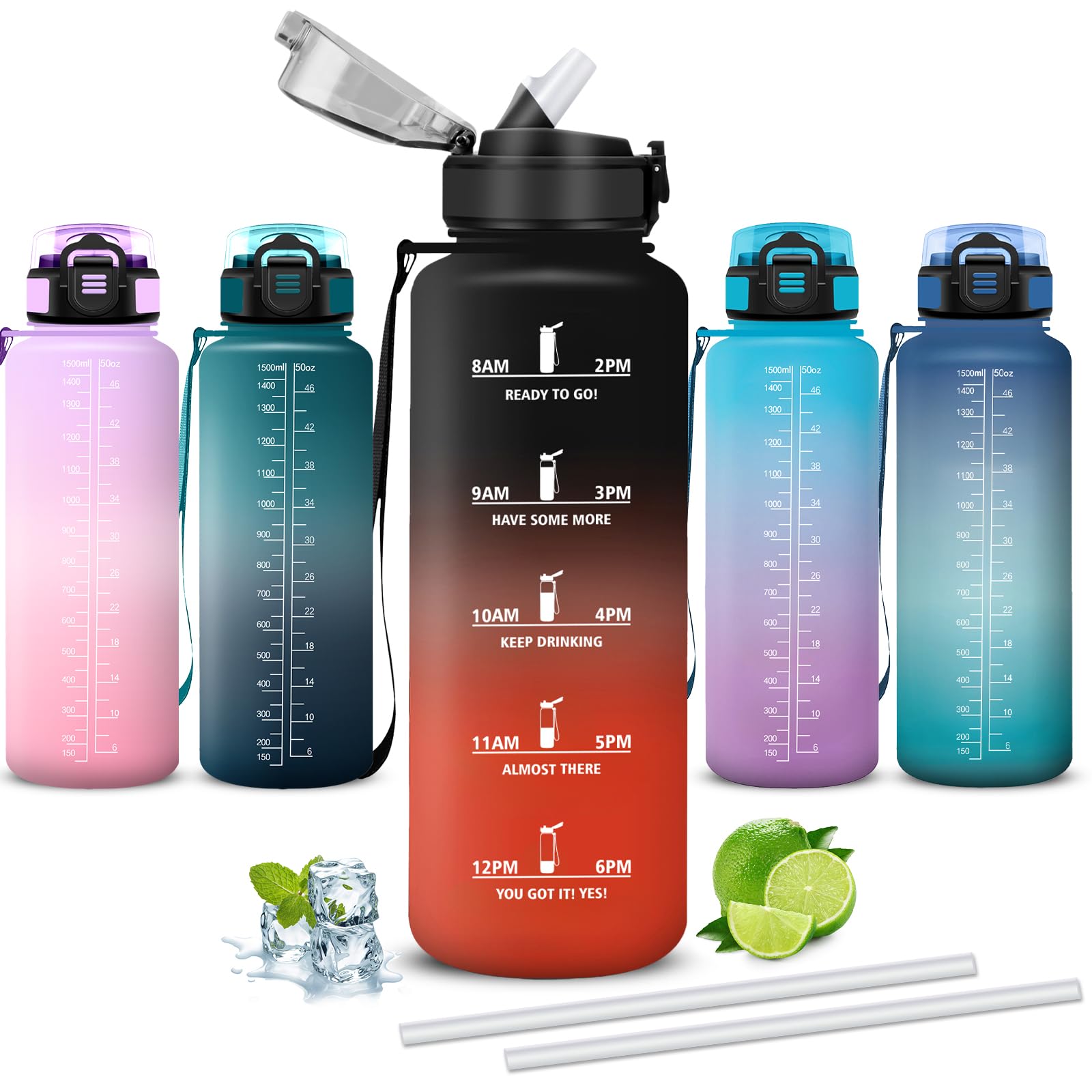 Mujigaga 1.5L Water Bottle with Straw Leakless Gym Water Bottles Wide Mouth Motivational Slogan Motivational Water Bottles for Fitness, Hiking, Cycling