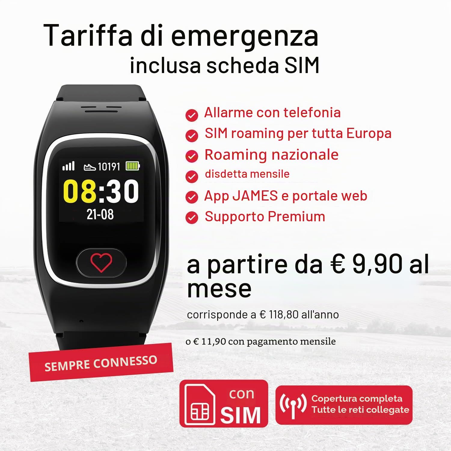 James B6 - Orologio di emergenza e di sicurezza per anziani, rilevamento delle cadute, pulsante di chiamata di emergenza e localizzazione GPS, funzioni di salute, ad esempio pulsazioni, app familiari