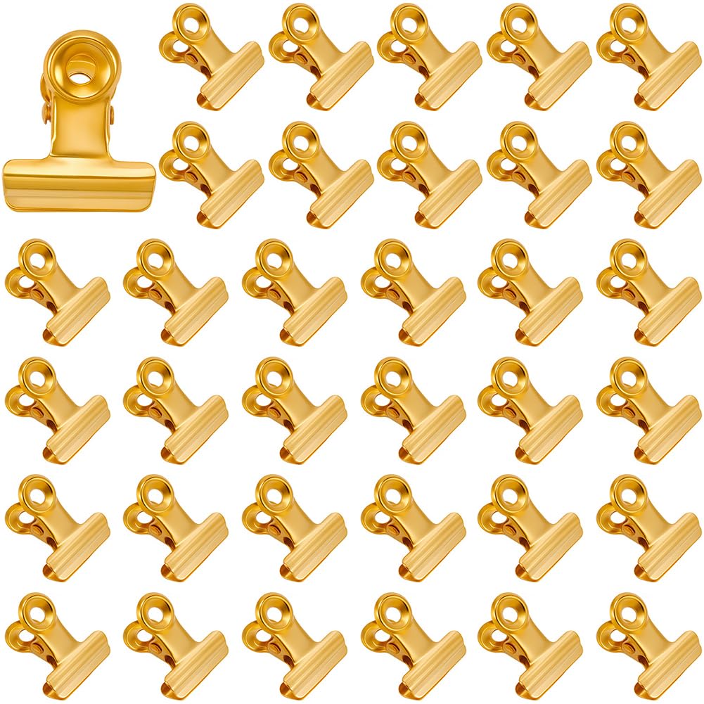 CRASPIRE 35Pcs Gold Bulldog Clips Binder Stainless Steel Metal Hinge Mini Clips Corkboard Hanging Pictures Paper Holder Organizers for Food Bags Photo Crafts Art File Clamps Office Home Kitchen(0.9in)