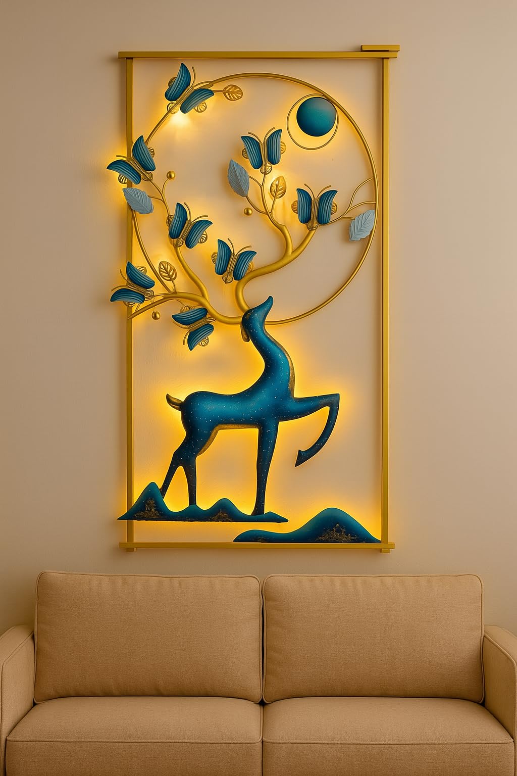 RSN Wall Art Deer And Butterfly Metal Frame with LED, Wall Sculpture for Living Room, Bedroom, Office Decoration Wall Hanging for Home Decorative-A2 2