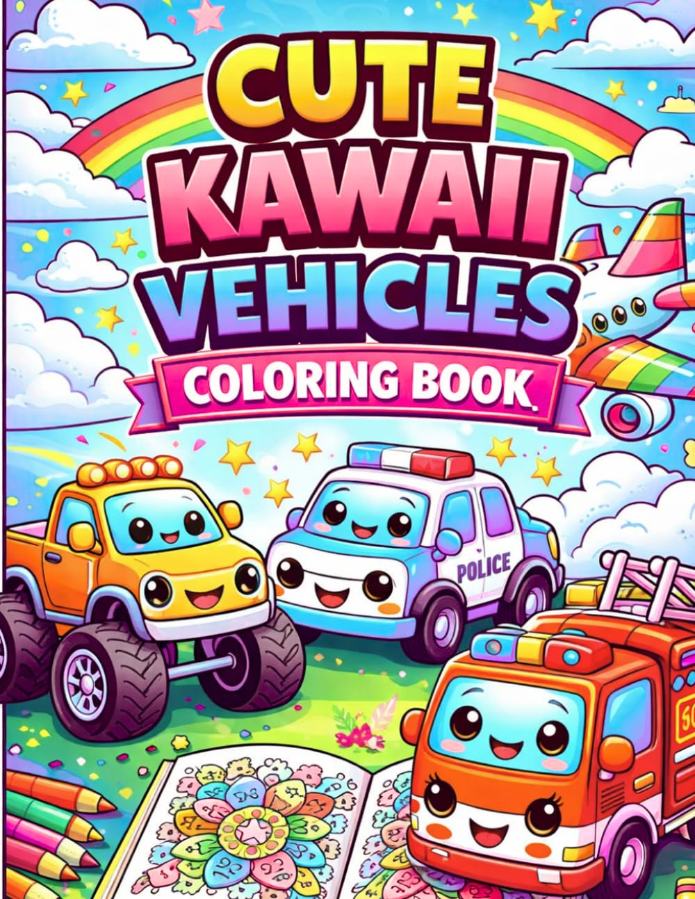Cute Kawaii Vehicles Coloring Book: Fun and Easy Coloring Pages for Kids Ages 3–6, 46 Adorable Kawaii Vehicle Designs for Relaxation and Creativity (Kawaii Coloring Collection)