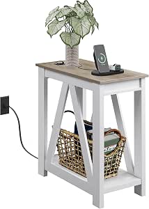 WLIVE Farmhouse End Table, Narrow Side Table with Charging Station, Slim End Table, Side Table for Bedroom, Living Room, Small Spaces, with 2 USB and 2 Power Outlets, 11.8" D x 23.6" W x 23.74" H