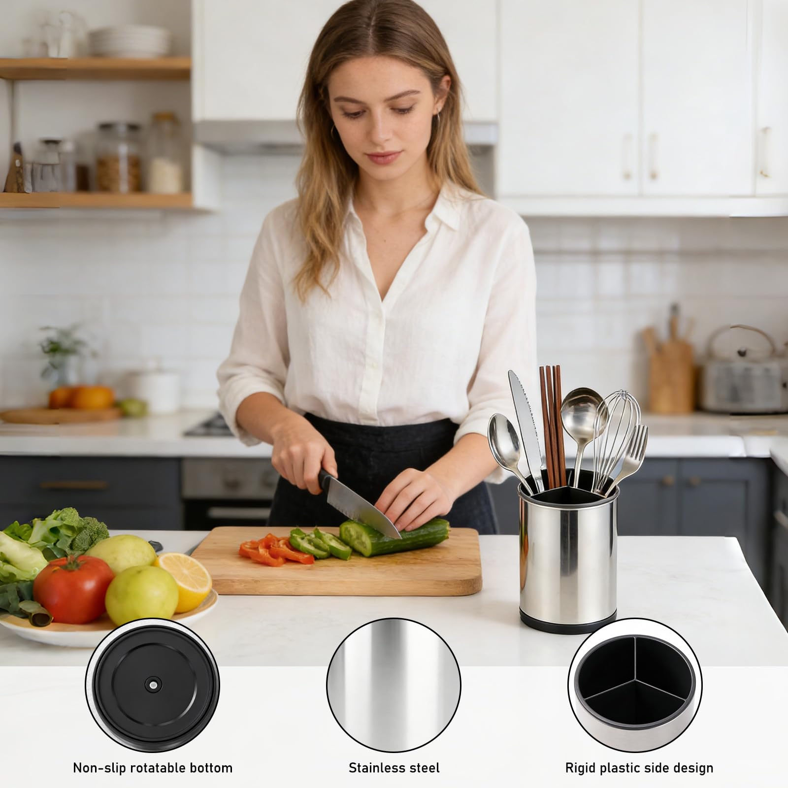 Küchenutensilienhalter: 360° Drehbar Utensilienhalter Küche aus Edelstahl, Küchen Utensilien Organizer mit Ablaufboden, Behälter Für Arbeitsplatte, 12.5×17cm