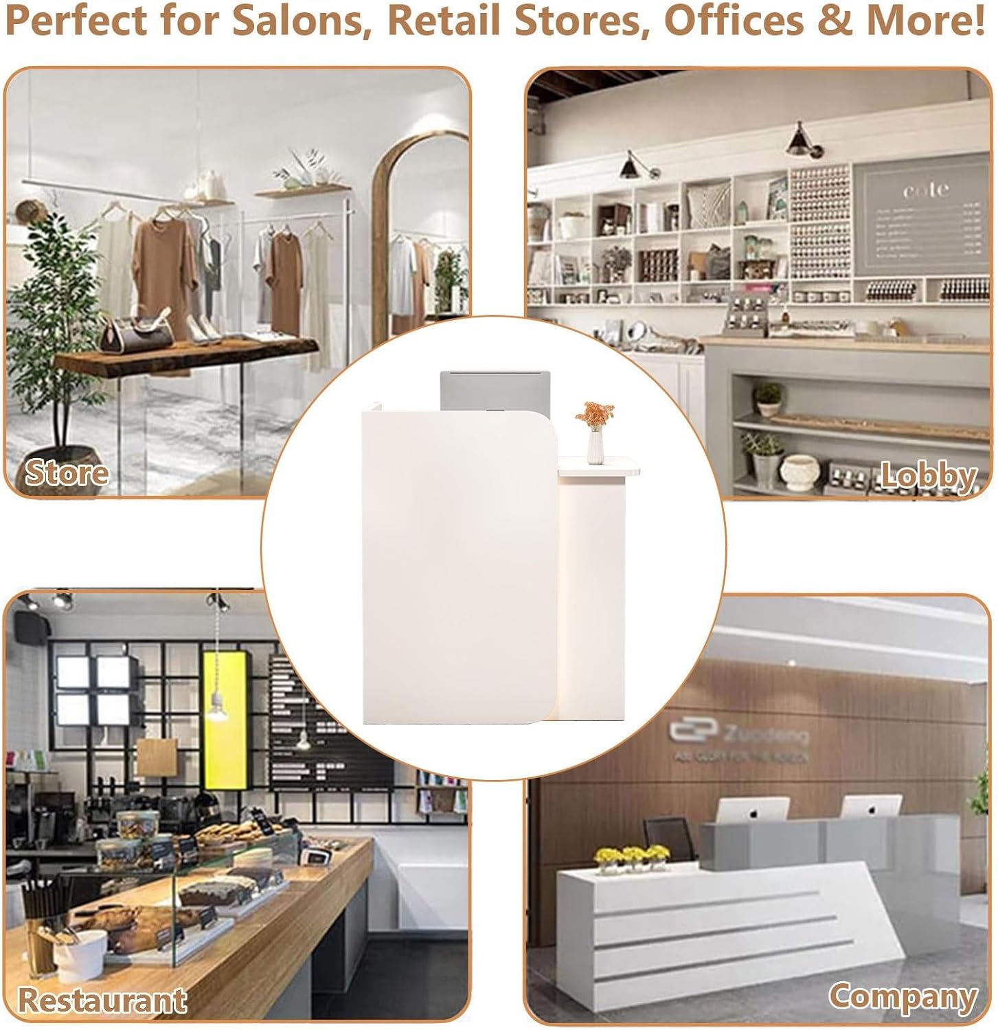 Small Reception Desk with Lockable Drawer, White Retail Counter with LED Light Strip, Modern Front Desk & Checkout Counter for Salon Lobby Office Boutique