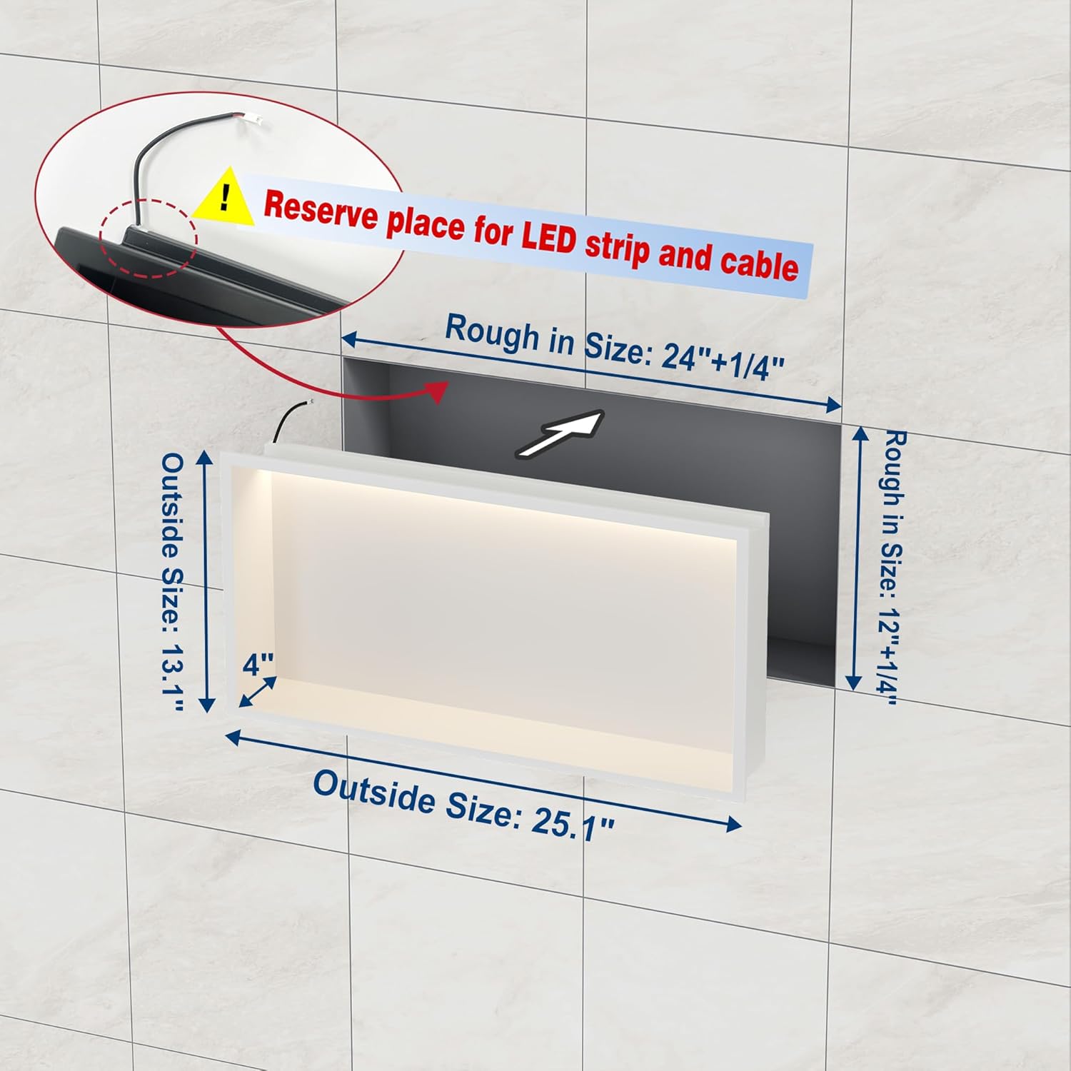 White LED Recessed Shower Niche, 24"X12" Bathroom Wall Niche with Light, 3-Temperature COB LED Strip Light 3000K/4000/6000K Waterproof No Tile Need Stainless Steel Wall Cabinet White 24X12In