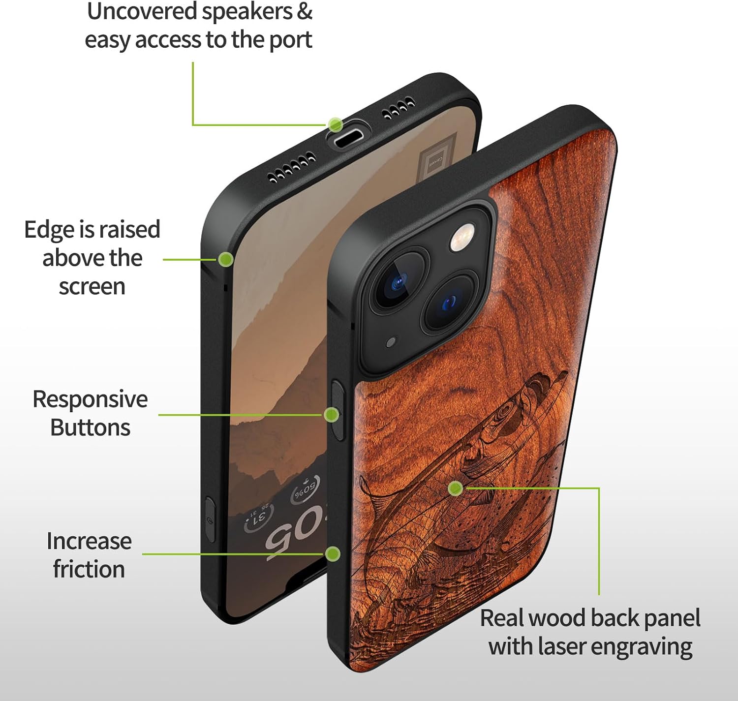 Carveit Magnetic Wood Case for iPhone 13 Case [Natural Wood & Black Soft TPU] Unique Wooden Shockproof Protective Cover Compatible with magsafe (The Tarpon's Leap -Rosy)