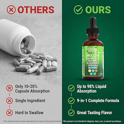 Miniatura 7 de Clean Nutra Gotas de Gordolobo para Pulmones Clorofila Orgánica Líquida Musgo Marino Irlandés, Espirulina, Regaliz, Cereza Ácida, Lobelia, Agripalma