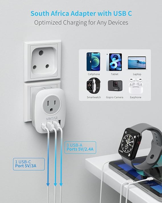 2 Pack South Africa Plug Adapter, VINTAR Type M Plug Adapter with 1 USB C, 3 USB Ports and 2 American Outlets, 6 in 1 Travel Adapter for US to Botswana, Namibia, Nepal