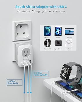 2 Pack South Africa Plug Adapter, VINTAR Type M Plug Adapter with 1 USB C, 3 USB Ports and 2 American Outlets, 6 in 1 Travel Adapter for US to Botswana, Namibia, Nepal