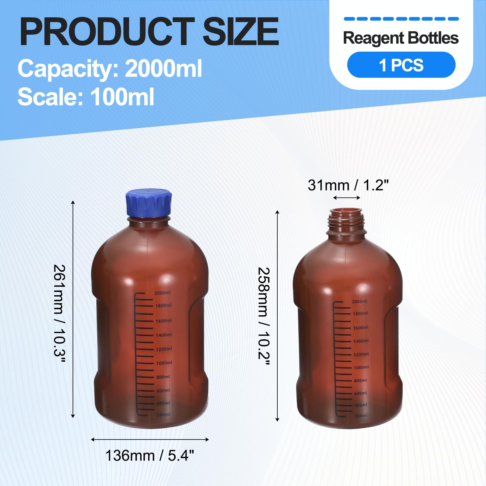 PATIKIL 1 Stück Laborflasche mit Skalierung, 2000ml Weithalsflasche Kunststoff mit Breiter Öffnung, Versiegelt, Auslaufsicher, für Pillenflaschen, Wasserprobenflaschen - Brown