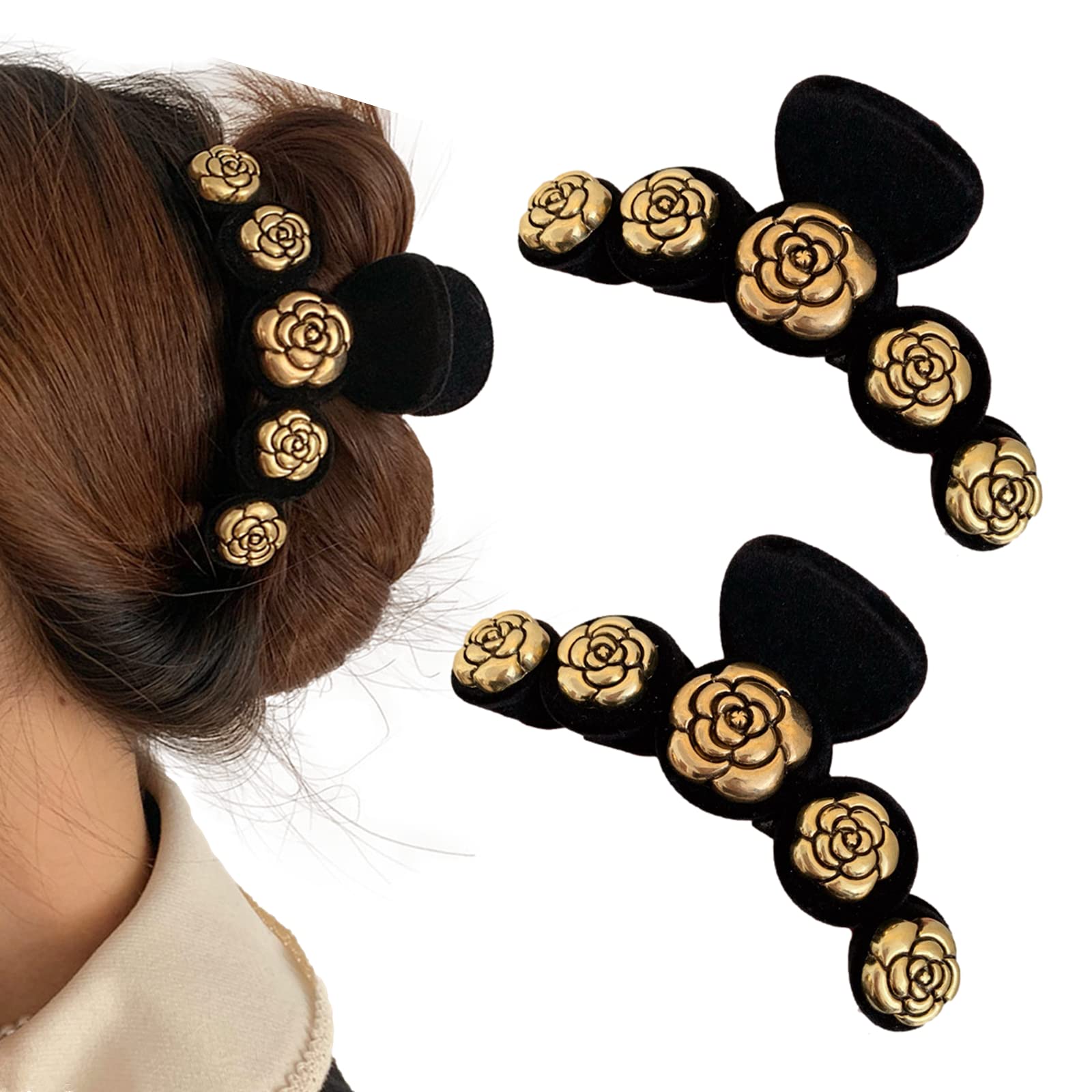 QTMY 2 Pack Velvet Camellia Flower Hair Claw Clips Hair Accessories for Women Girls,Black&Red