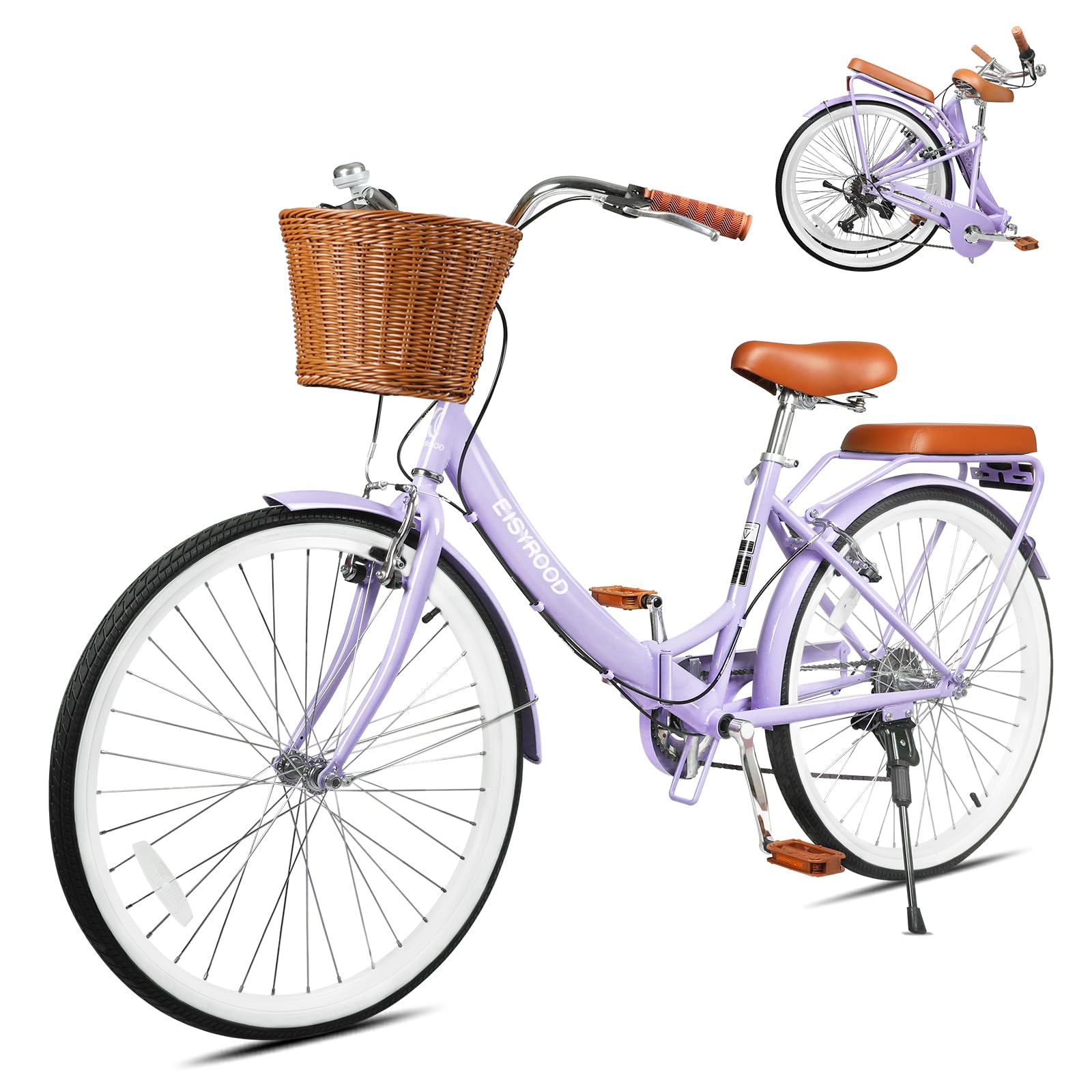 26 Inch Folding Beach Cruiser Bike for Women, 7-Speed Ladies Bike with Basket & Rack, Perfect for City Commuting's Bicycle, Ideal for Women and Adults