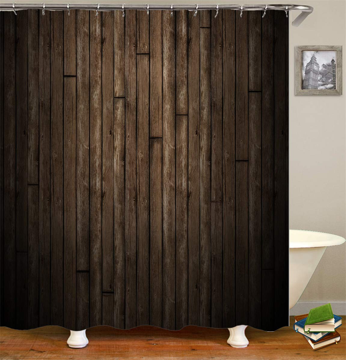 Fansu Cortina de Baño Resistente al Moho Impermeable Antimoho Antibacteriano, Cortina de Ducha Cortina de Bañera 100% Poliéster 3D Shabby Impresión con 12 Anillos (165x180cm,Grano de Madera marrón)