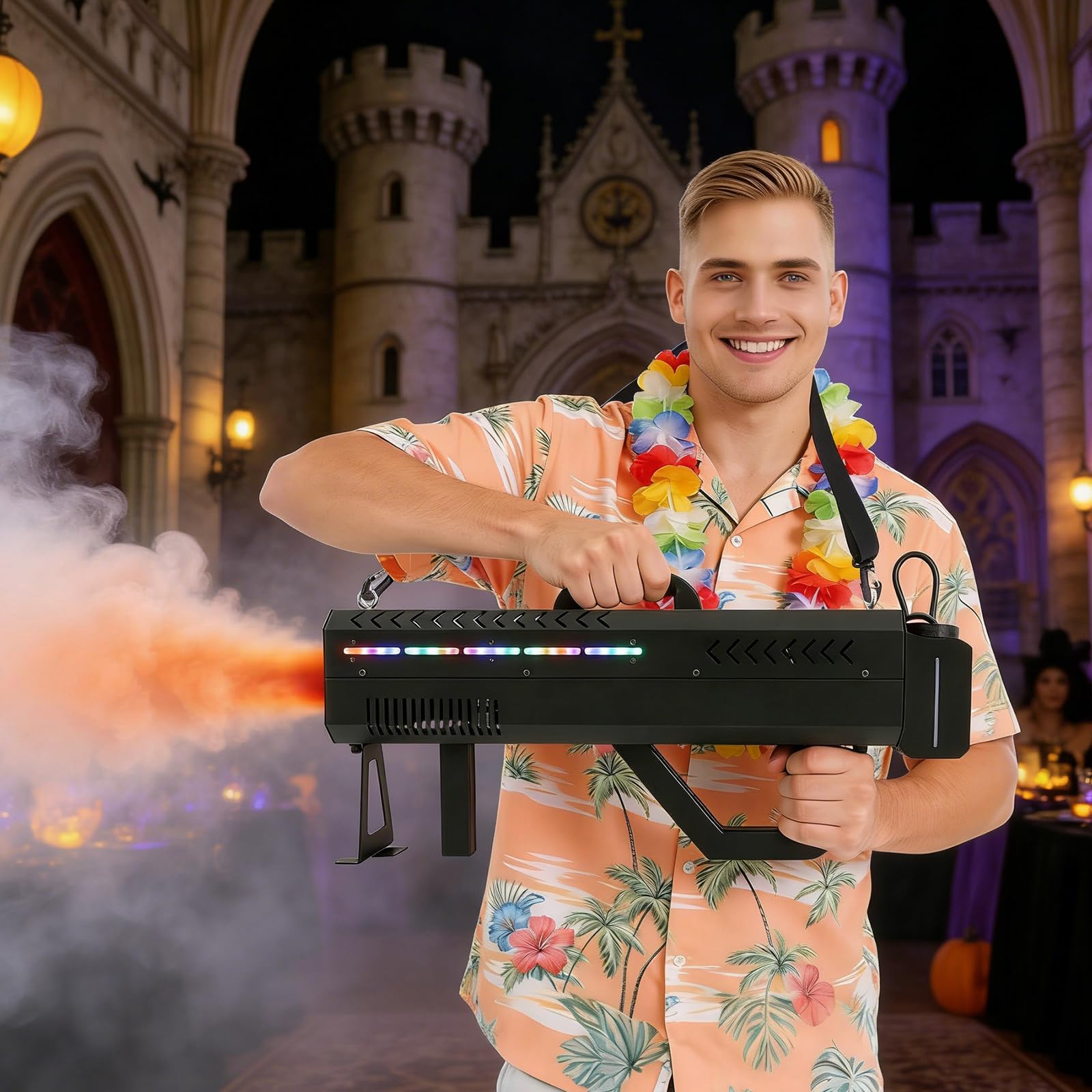Nebelmaschine 1500W Handnebelmaschine LED Party Nebelpistole 6.3kg | 9x3W RGB LED, 500ml Tank, Tragbar Mit Gurt & Ständer, 3-5m Ausstoßweite