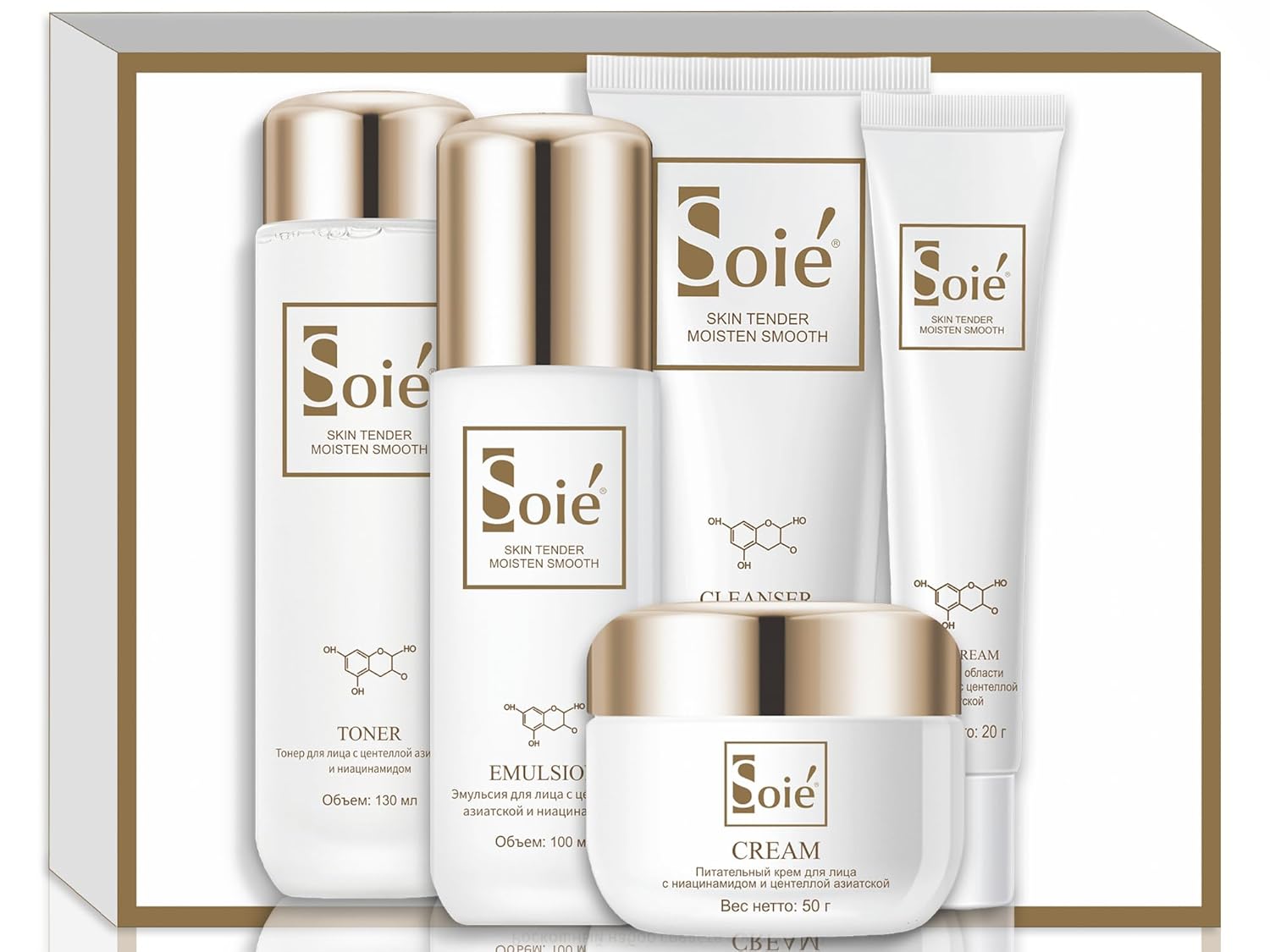 SOIE Moisturizing and Hydrating Beauty Kit (Set of 5) with Niacinamide and Centella for Skin Care Includes: Face Wash Gel, Toner, Emulsion, Facial Cream, Eye Cream