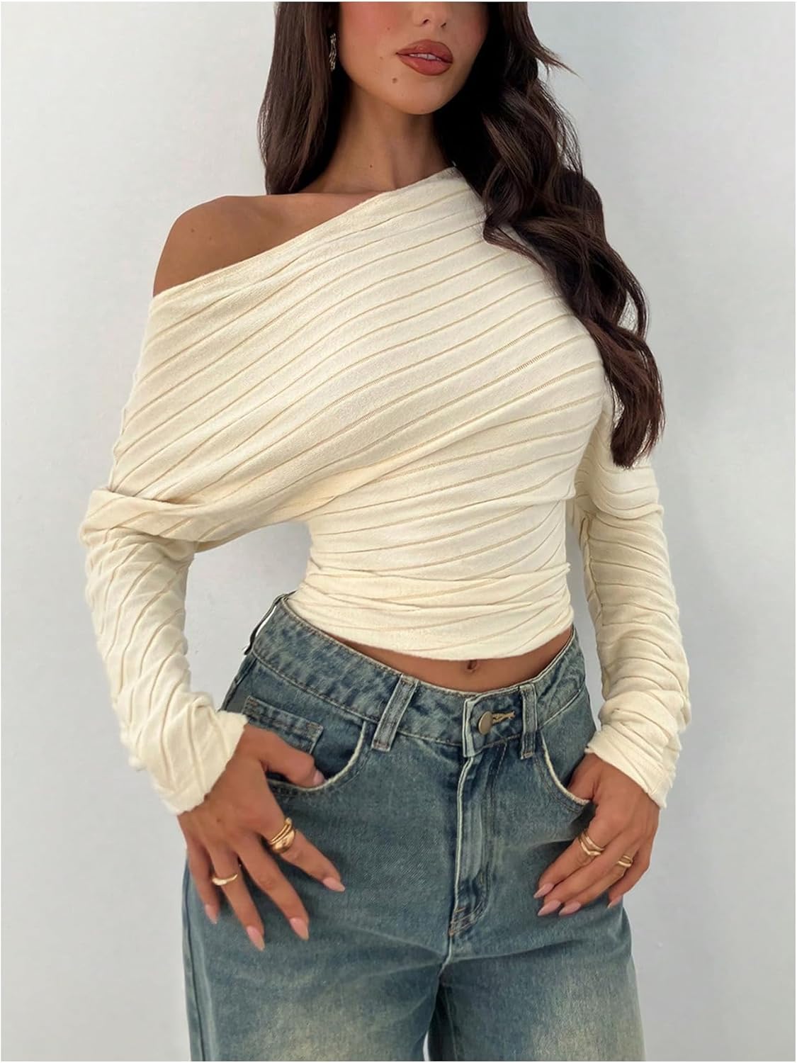 SHENHE Women's Off The Shoulder Long Dolman Sleeve Top Fitted Knitted Shirt Fall Dressy Top - Image 4