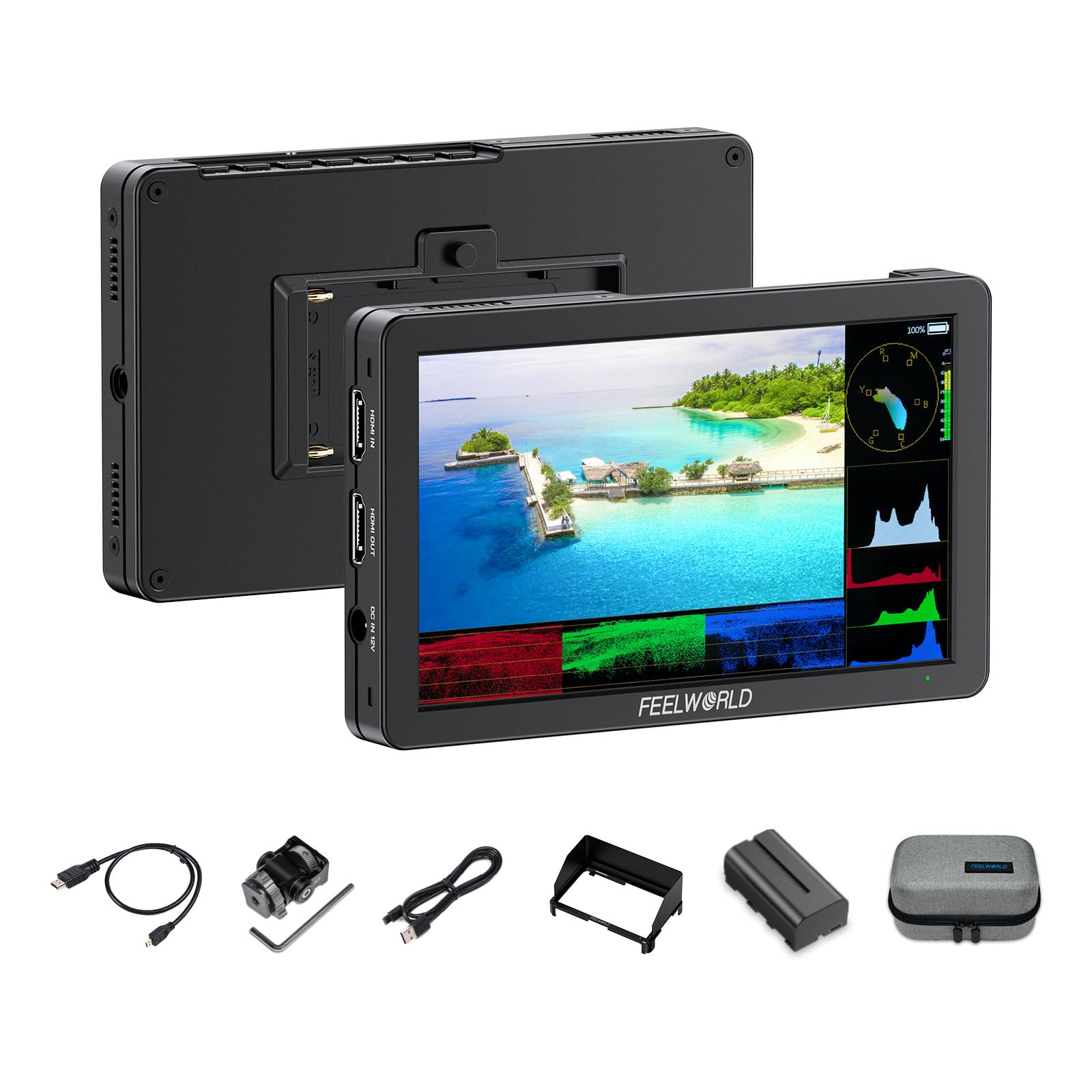 FEELWORLD T6 Moniteur de Caméra 6 Pouces Retour Video Appareil Photo Aluminum IPS Full HD,Entrée/Sortie 4K HDMI avec 3D LUTs, Vecteurscope, Focus Peaking, Batterie F550 2200 mAh et Sac de Transport