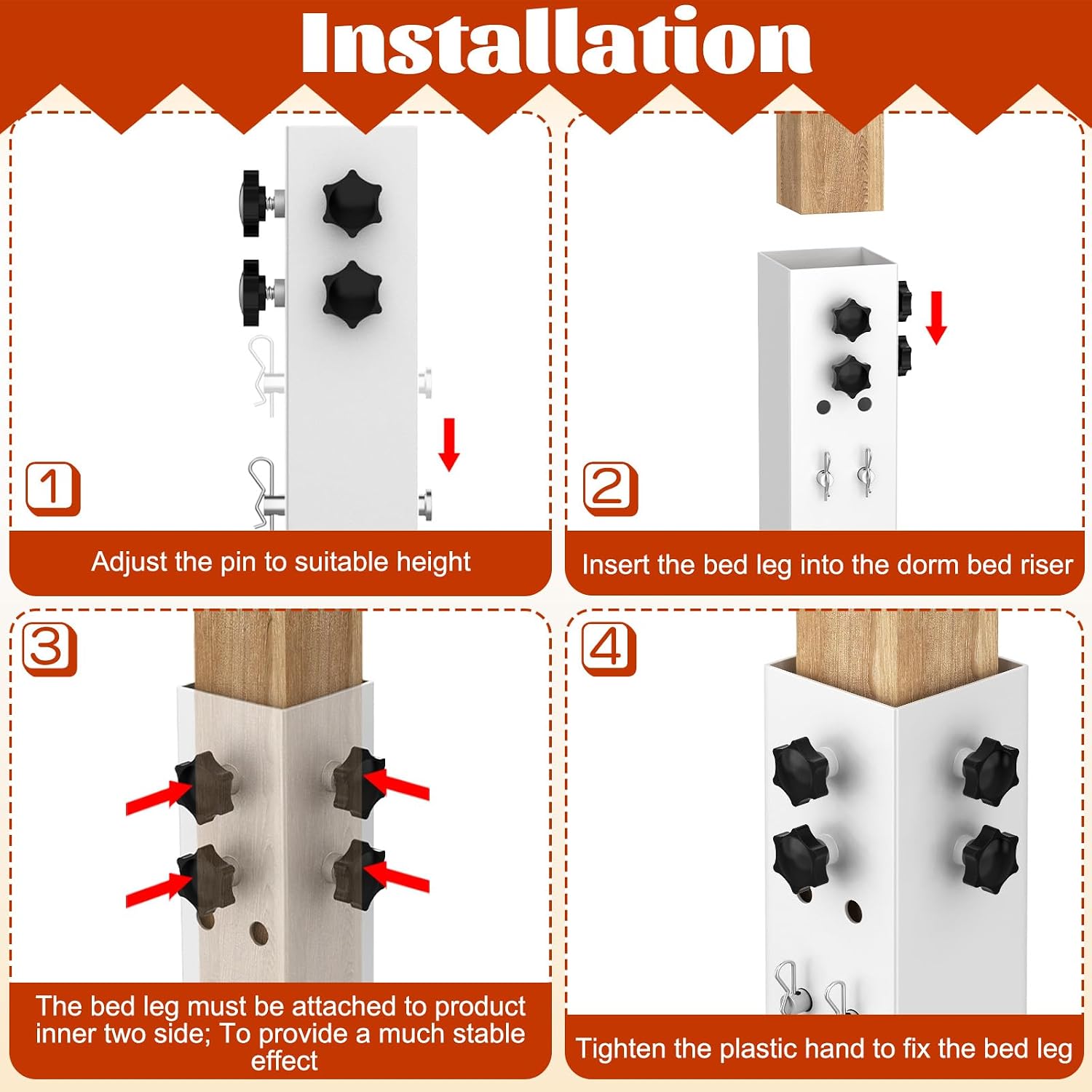 3.15" Diameter Carbon Steel College Dorm Bed Risers (for Dorm Bed Leg 2.3-3.1"), Adjustable to 3.2", 5.1", 8.1" or 11.2" Height,Bed Riser for Square Wooden Bed Frame（4 Pack）