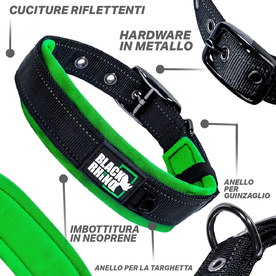 Black Rhino - Collare per cani imbottito in neoprene ultra morbido, per tutte le razze, confortevole, resistente, regolabile, riflettente, impermeabile (L, Verde/Nero)