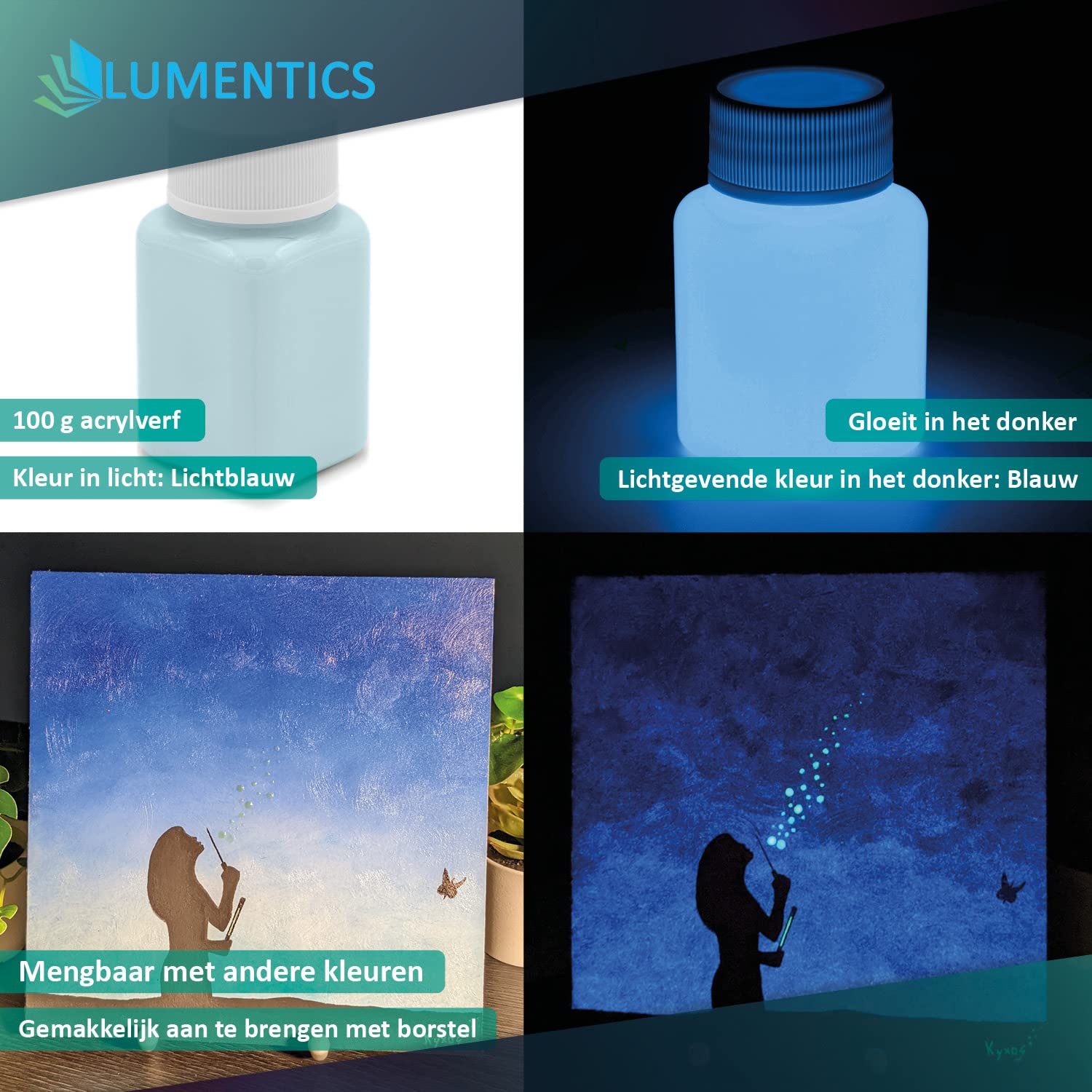 LUMENTICS Premium Lichtgevende Verf groenblauw 100 g - in het donker lichtgevende UV-kleur met glow-effect - fosforescerend - Made in Germany
