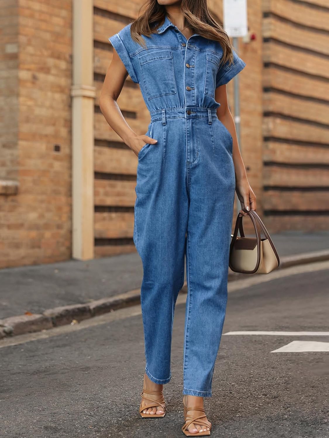 Tongmingyun Women's Cap Sleeve Denim Jumpsuit Button Down Straight Leg Jeans Long Pants Rompers with Pockets - Image 3