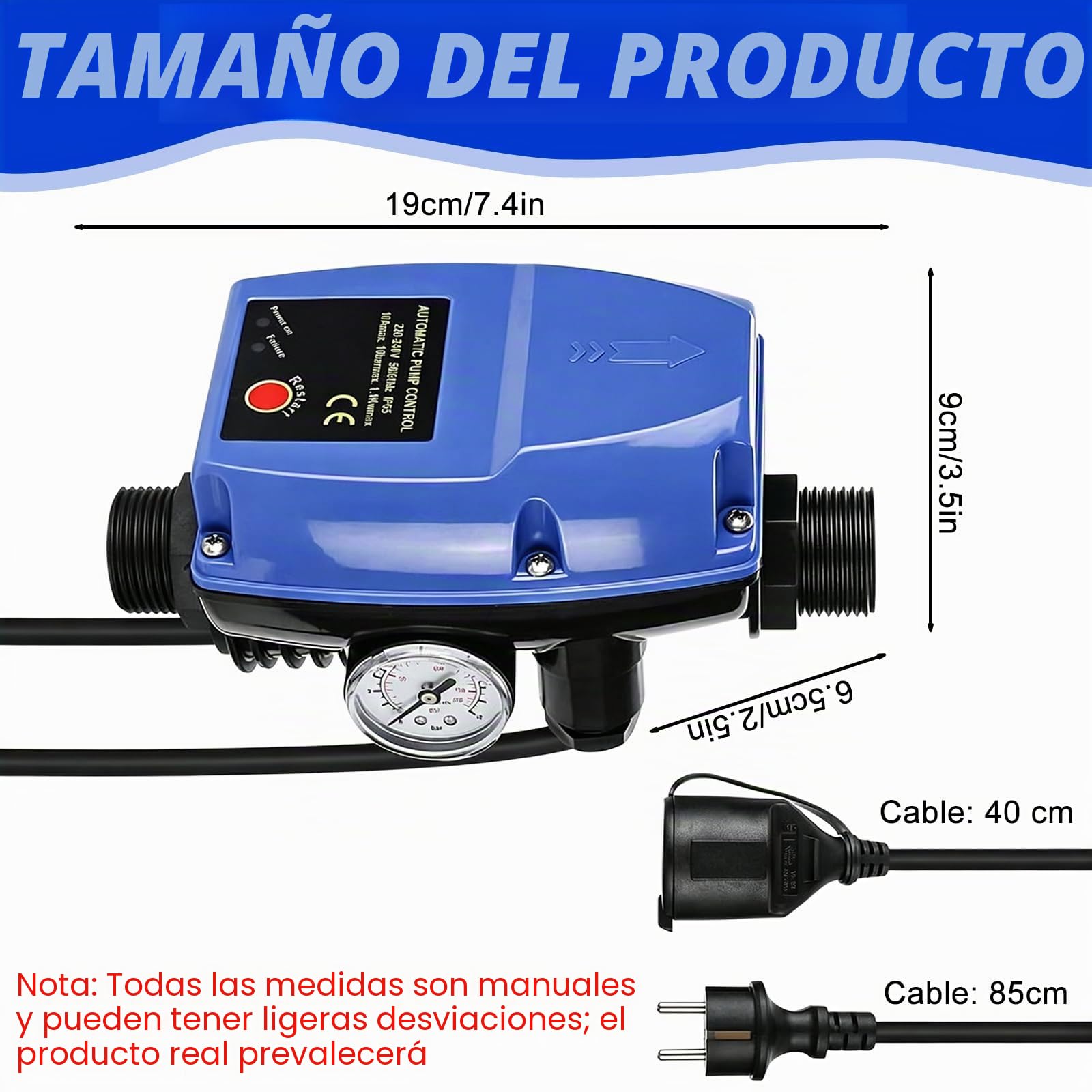 Control de bomba, bomba de aumento de presión de agua con protección contra marcha en seco, indicador de presión y cable, control de bomba IP65, interruptor de presión máx. 10 bar, presostato